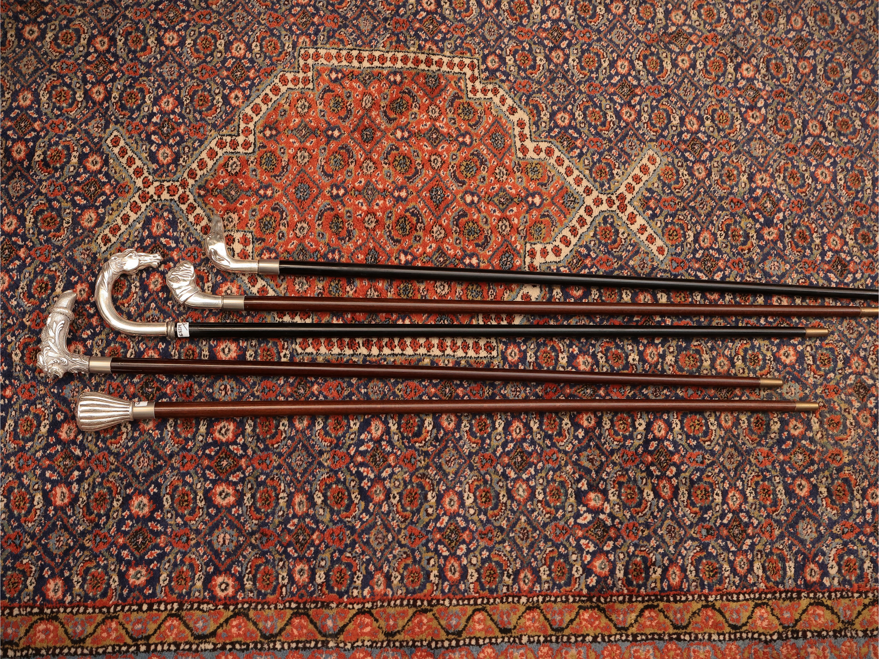 Cinque bastoni da passeggio con pomo rivestito in argento