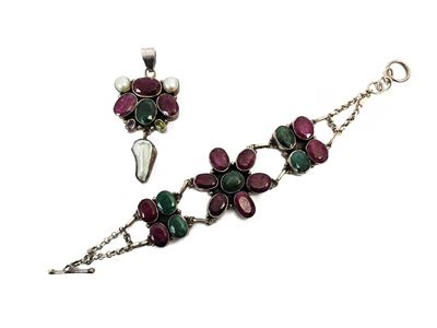 Bracciale e Pendente in Argento 925 con Radici di Rubino e Smeraldo