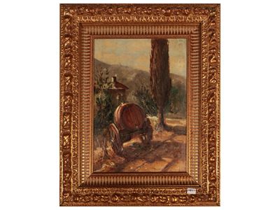 Paesaggio con Cipresso e Carro con Botte
