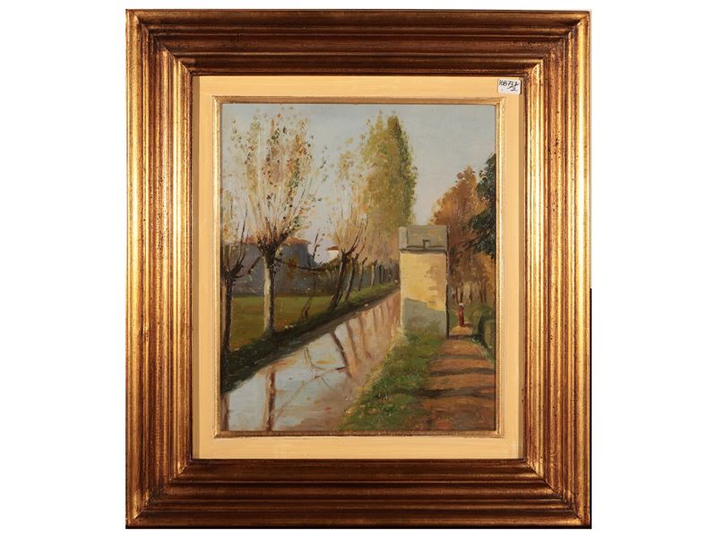Paesaggio Toscano con Casa Colonica e Covoni e Paesaggio Campestre con Canale