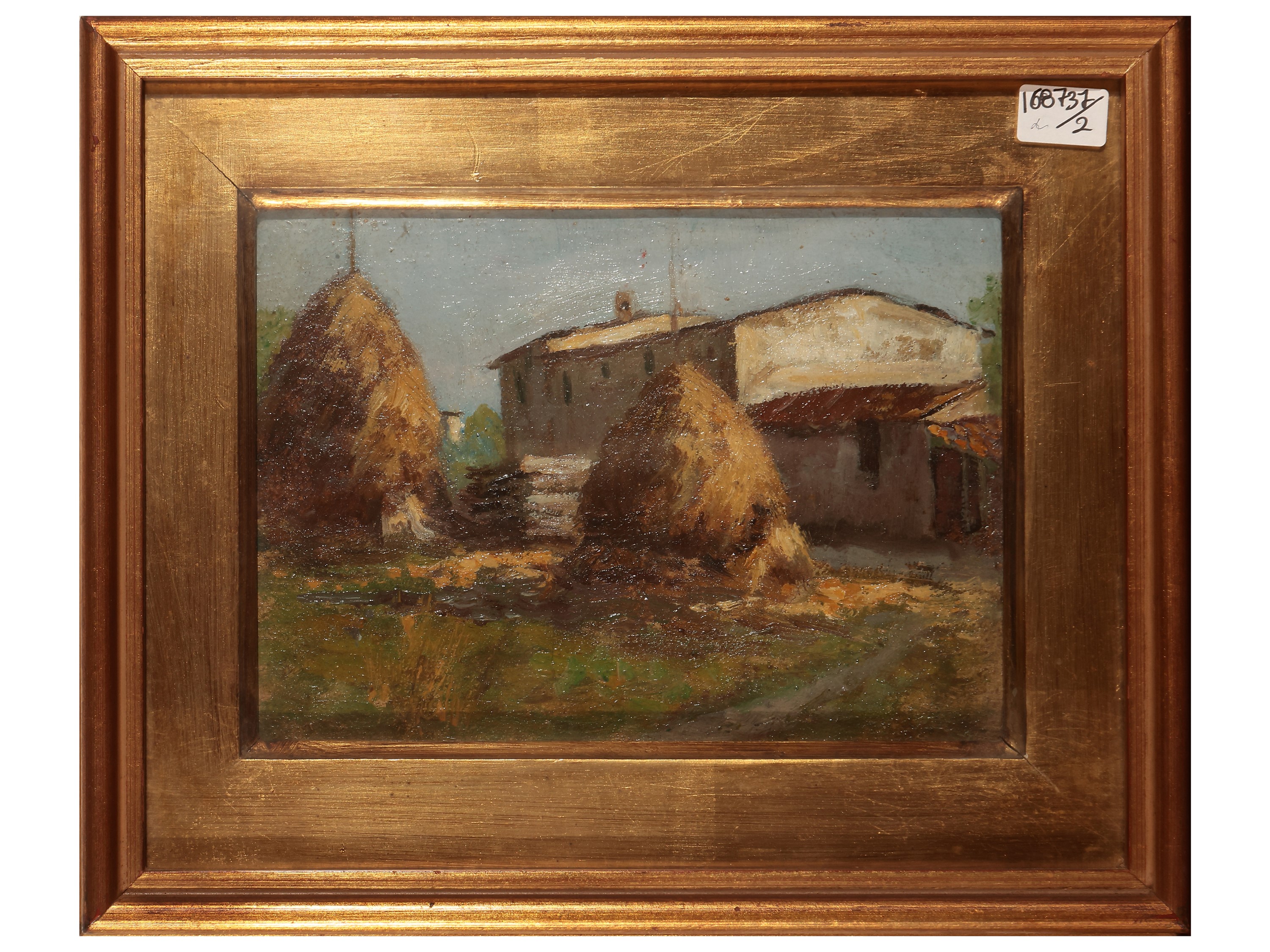 Paesaggio Toscano con Casa Colonica e Covoni e Paesaggio Campestre con Canale