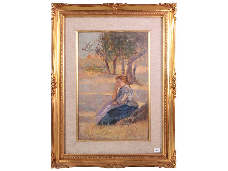 Paesaggio campestre con donna seduta