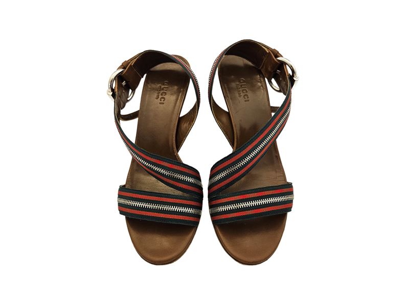 Gucci - Sandali in pelle marrone e tela