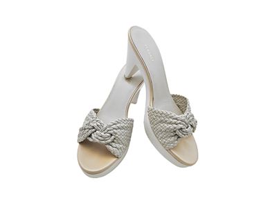 Versace, Clogs in legno con tomaia in pelle intrecciata bianca