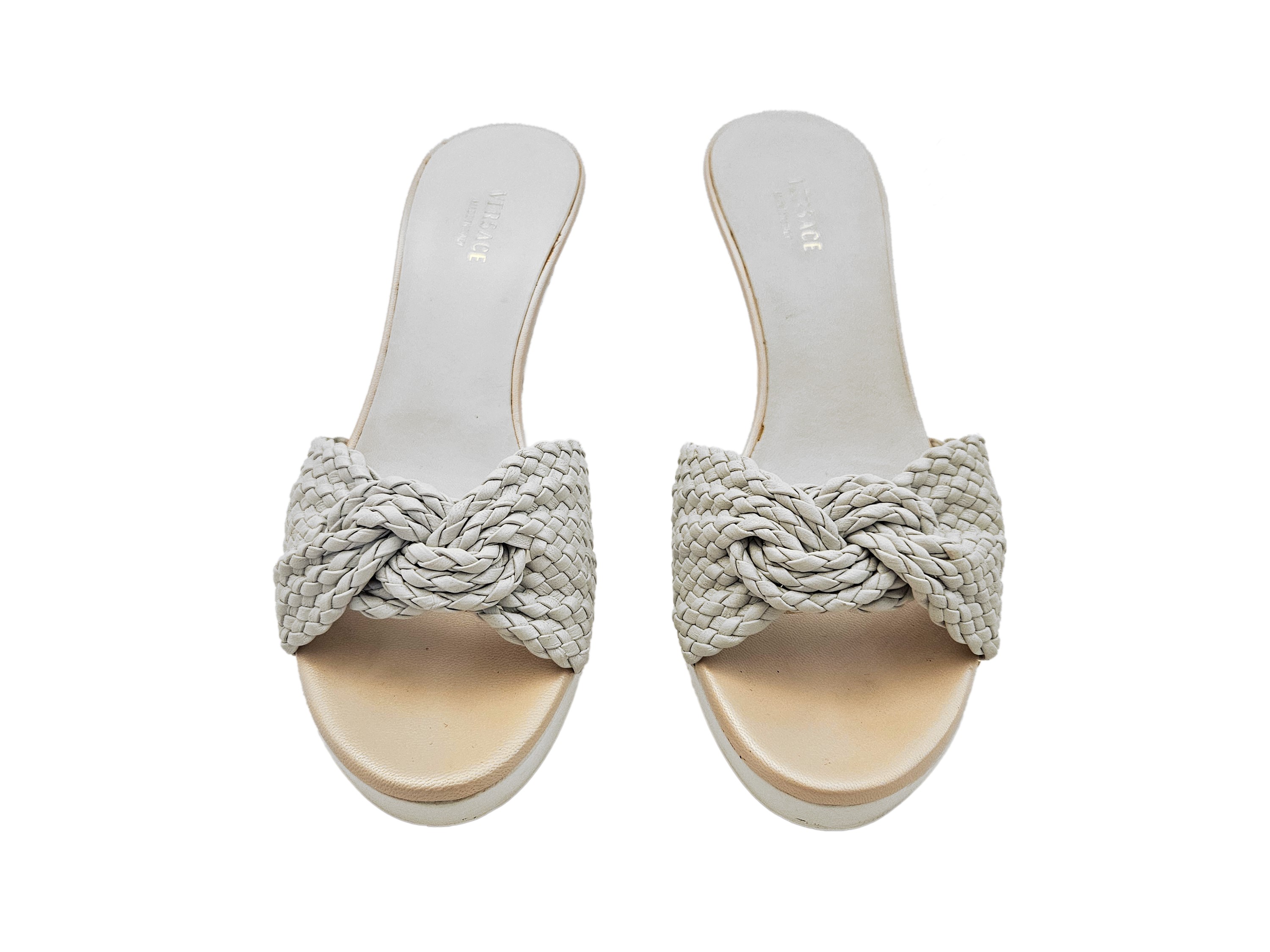 Versace, Clogs in legno con tomaia in pelle intrecciata bianca