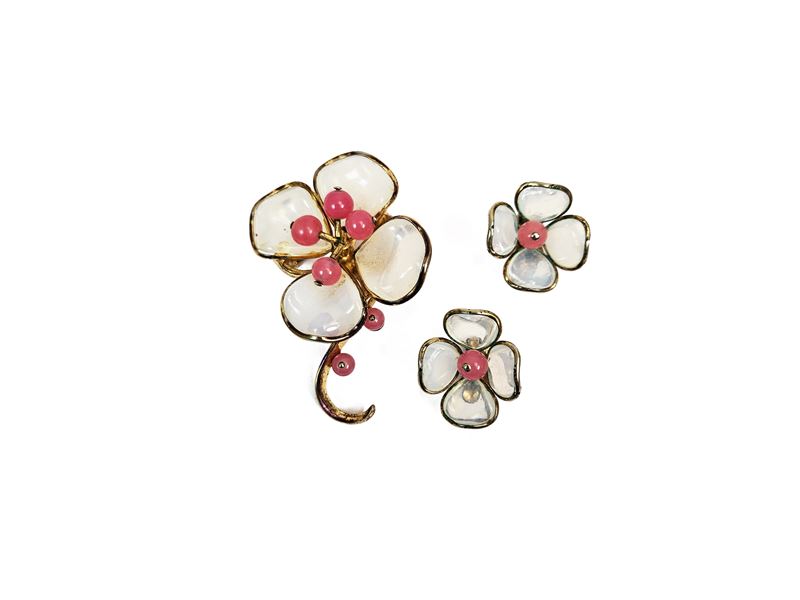 Trifari - Demi Parure Floreale Spilla e Orecchini a Clip