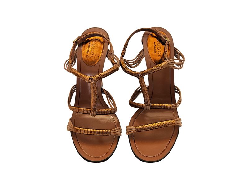 Gucci - Sandali in suede rosa antico con inserti metallizzati bronzo