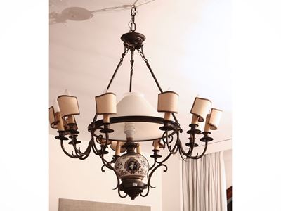 Lampadario in Metallo, Vetro e Ceramica