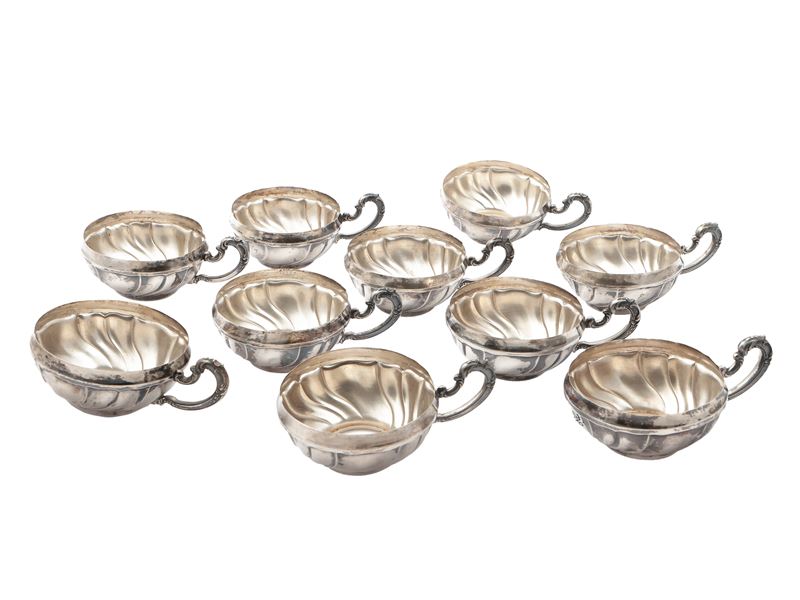 Serie di dieci porta tazzine in argento
