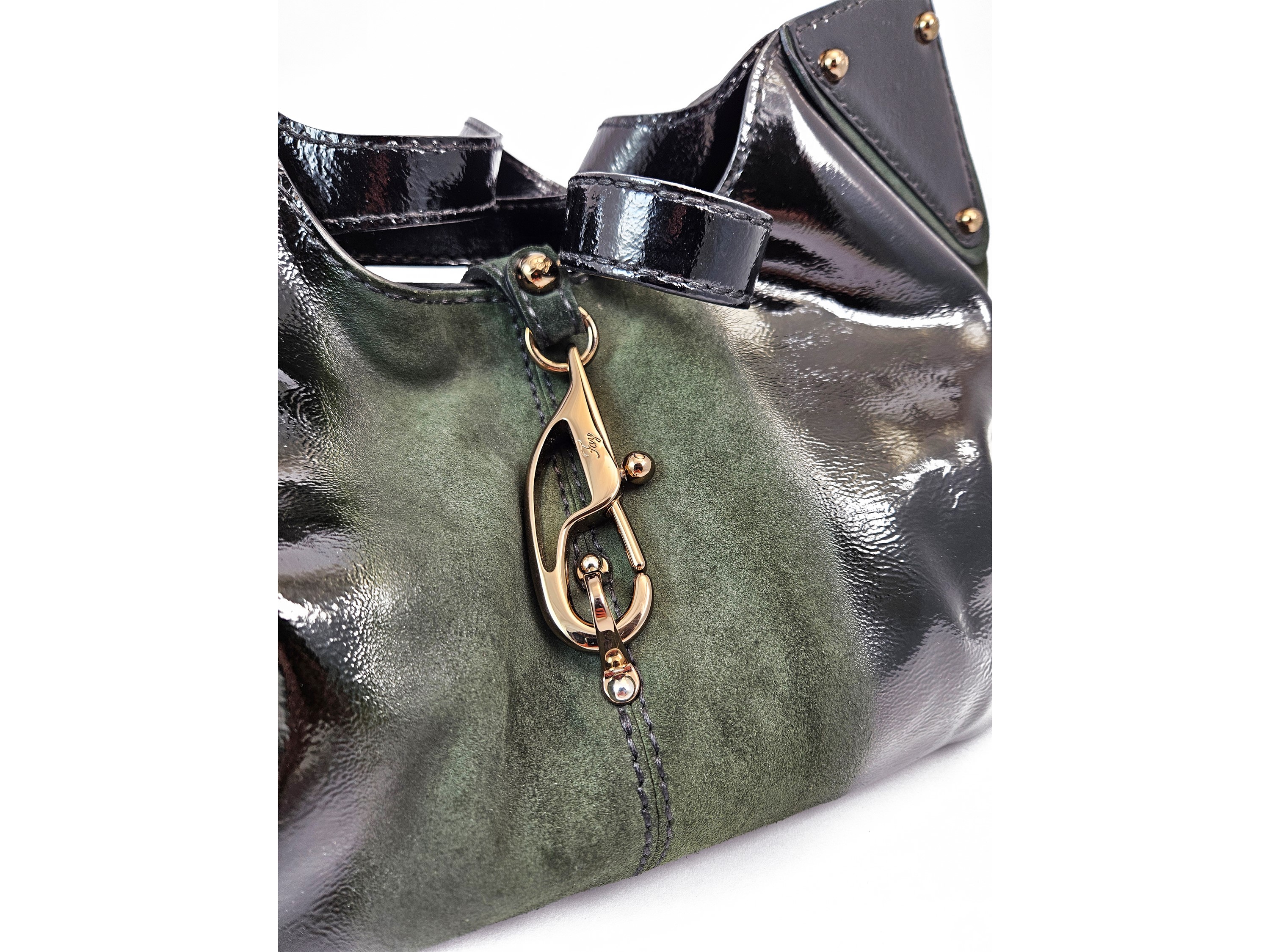 Fay - Borsa a Spalla in Vernice Nera e Suede Verde