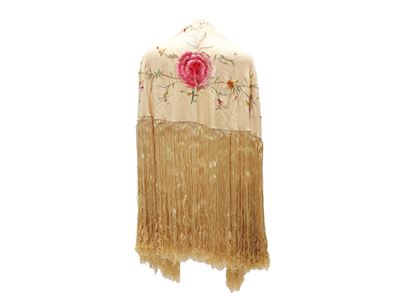 Grande Scialle in Seta Beige con Ricamo Floreale