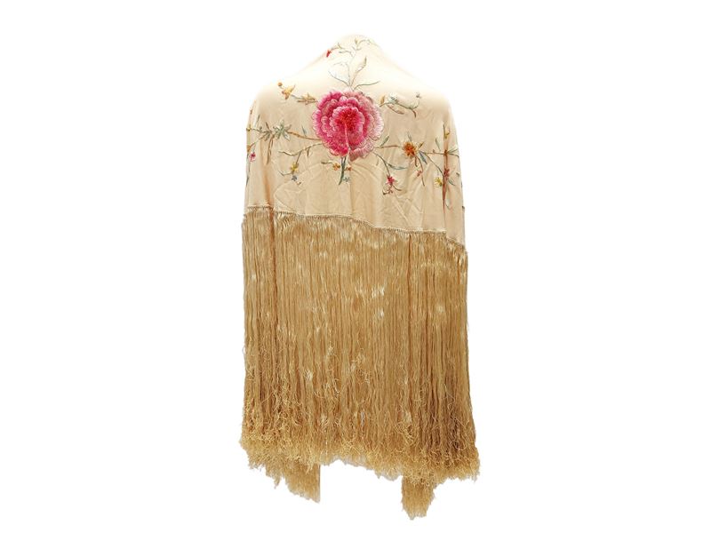 Grande Scialle in Seta Beige con Ricamo Floreale