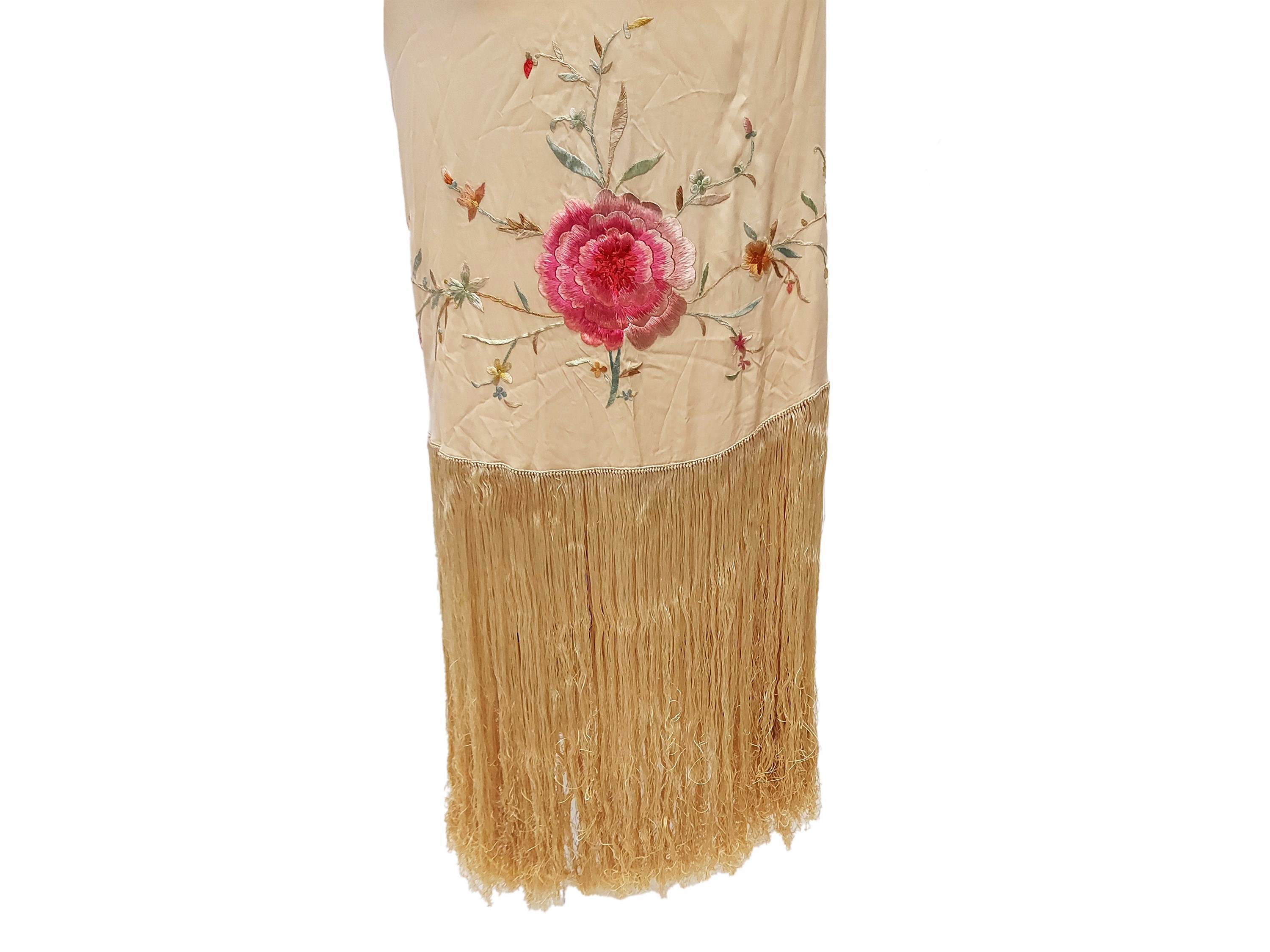 Grande Scialle in Seta Beige con Ricamo Floreale