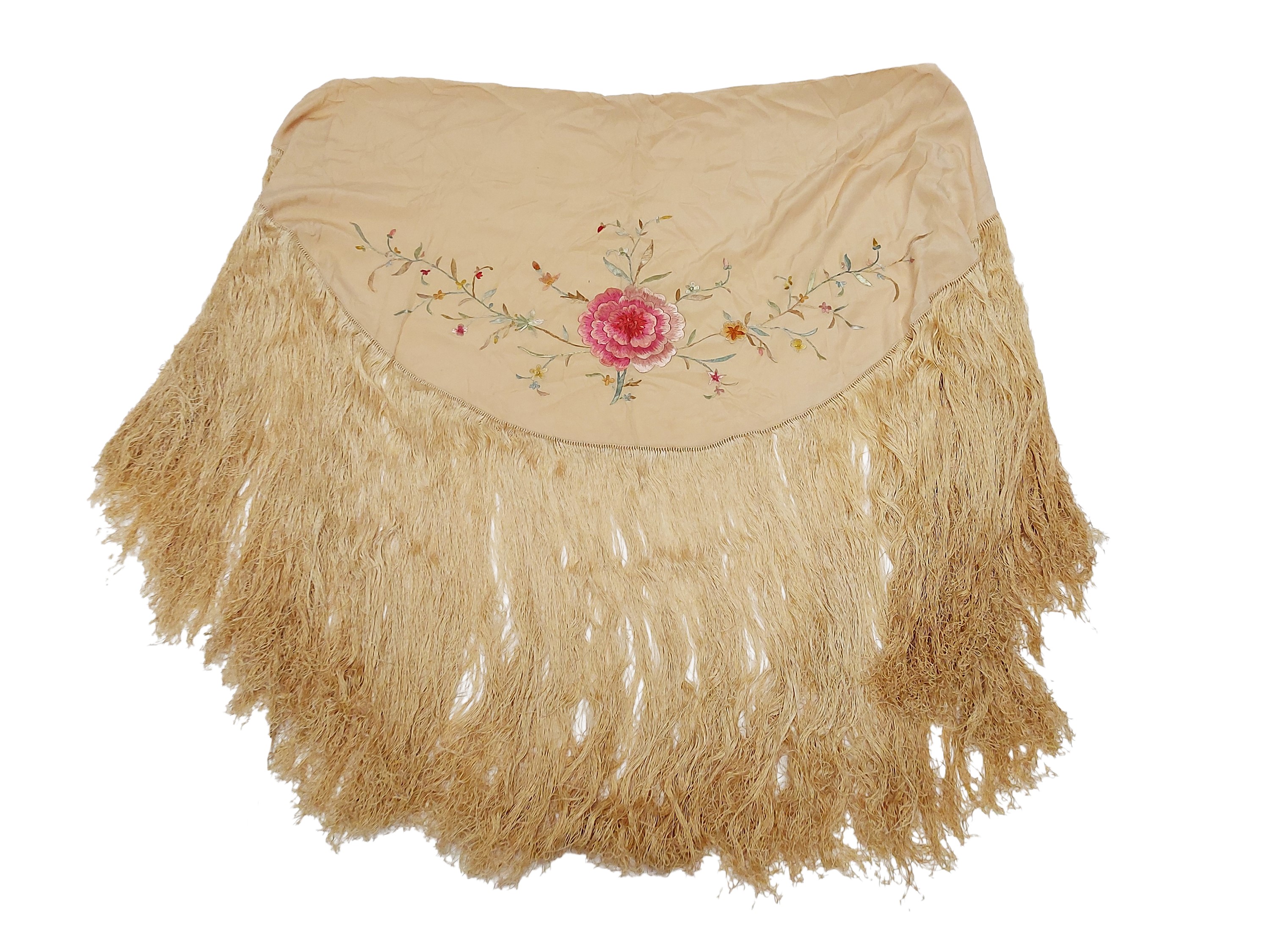 Grande Scialle in Seta Beige con Ricamo Floreale