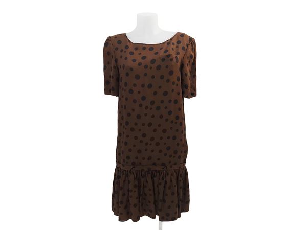 Valentino - Brown linen dress with black polka dots