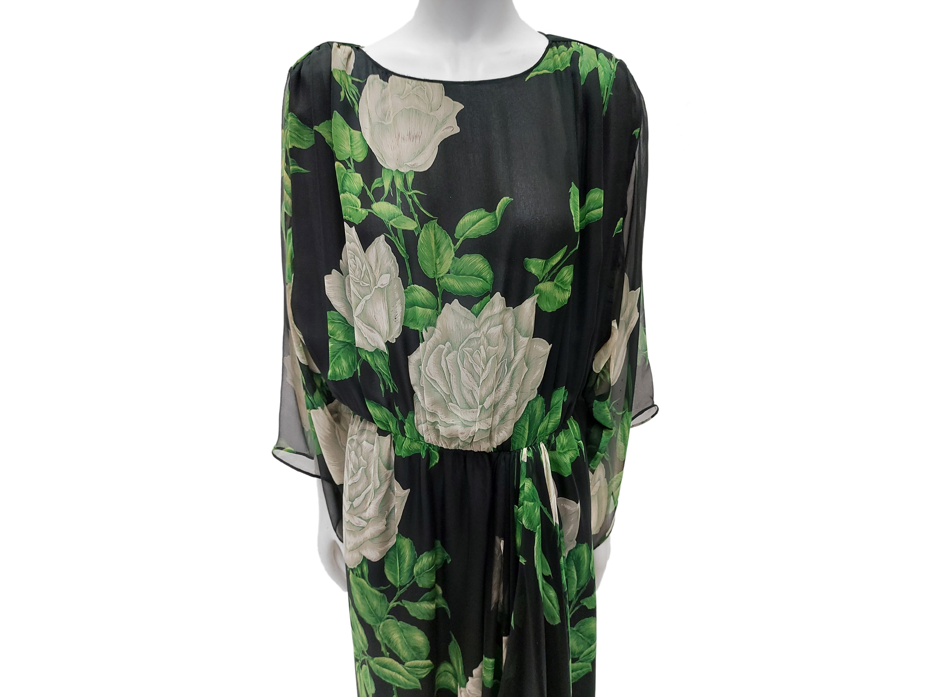 Abito sartoriale da sera lungo in chiffon di seta nero con motivo di rose