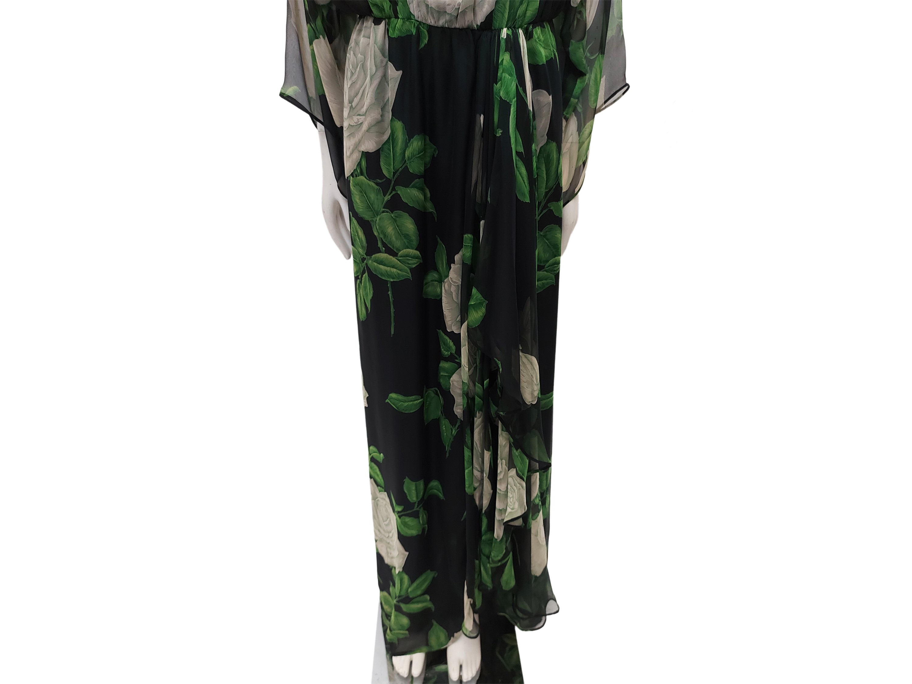 Abito sartoriale da sera lungo in chiffon di seta nero con motivo di rose