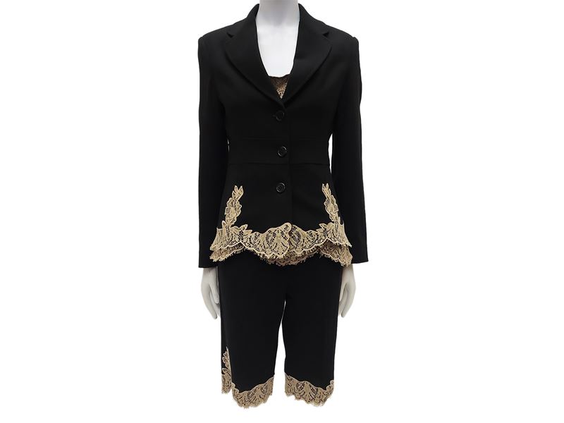 Red Valentino - Tailleur Quattro Pezzi in Lana Nera e Pizzo Beige