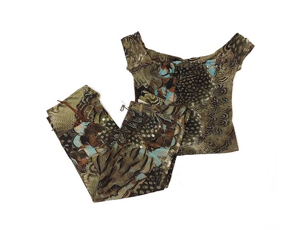 Roberto Cavalli - Completo pantaloni e t-shirt in cotone animalier nei toni del verde oliva