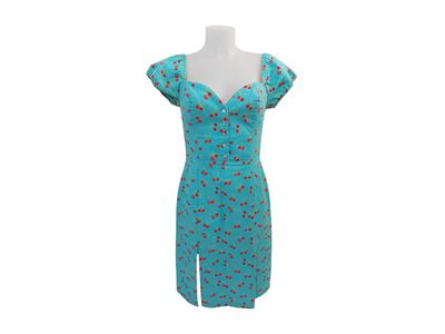 Blumarine - Abito in Cotone Turchese con Motivo di Ciliegie