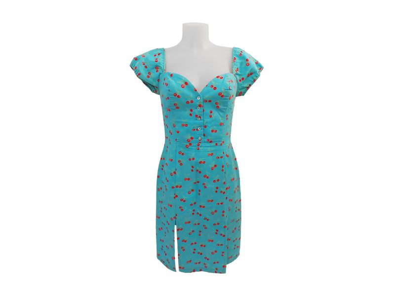 Blumarine - Abito in Cotone Turchese con Motivo di Ciliegie