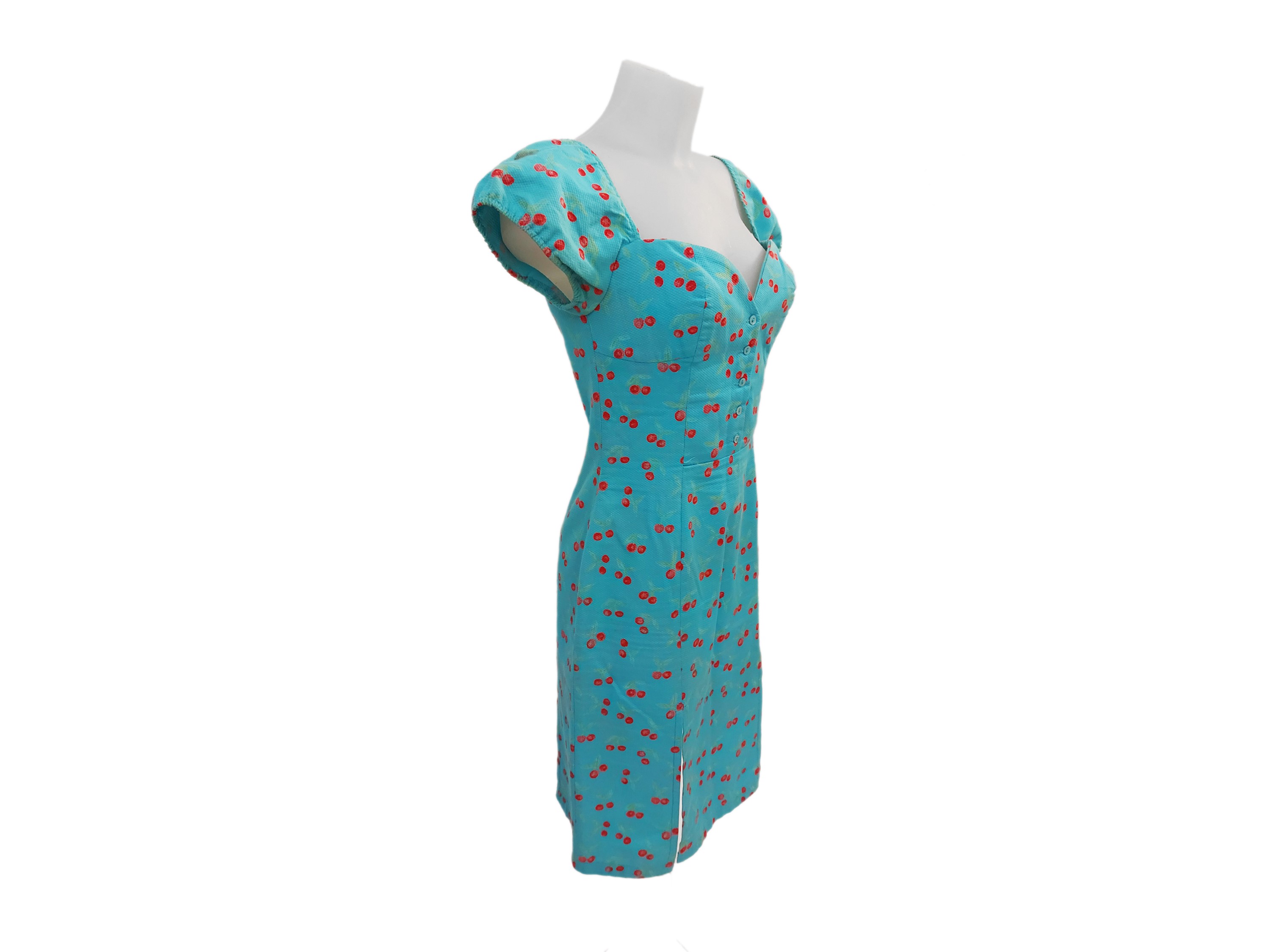 Blumarine - Abito in Cotone Turchese con Motivo di Ciliegie