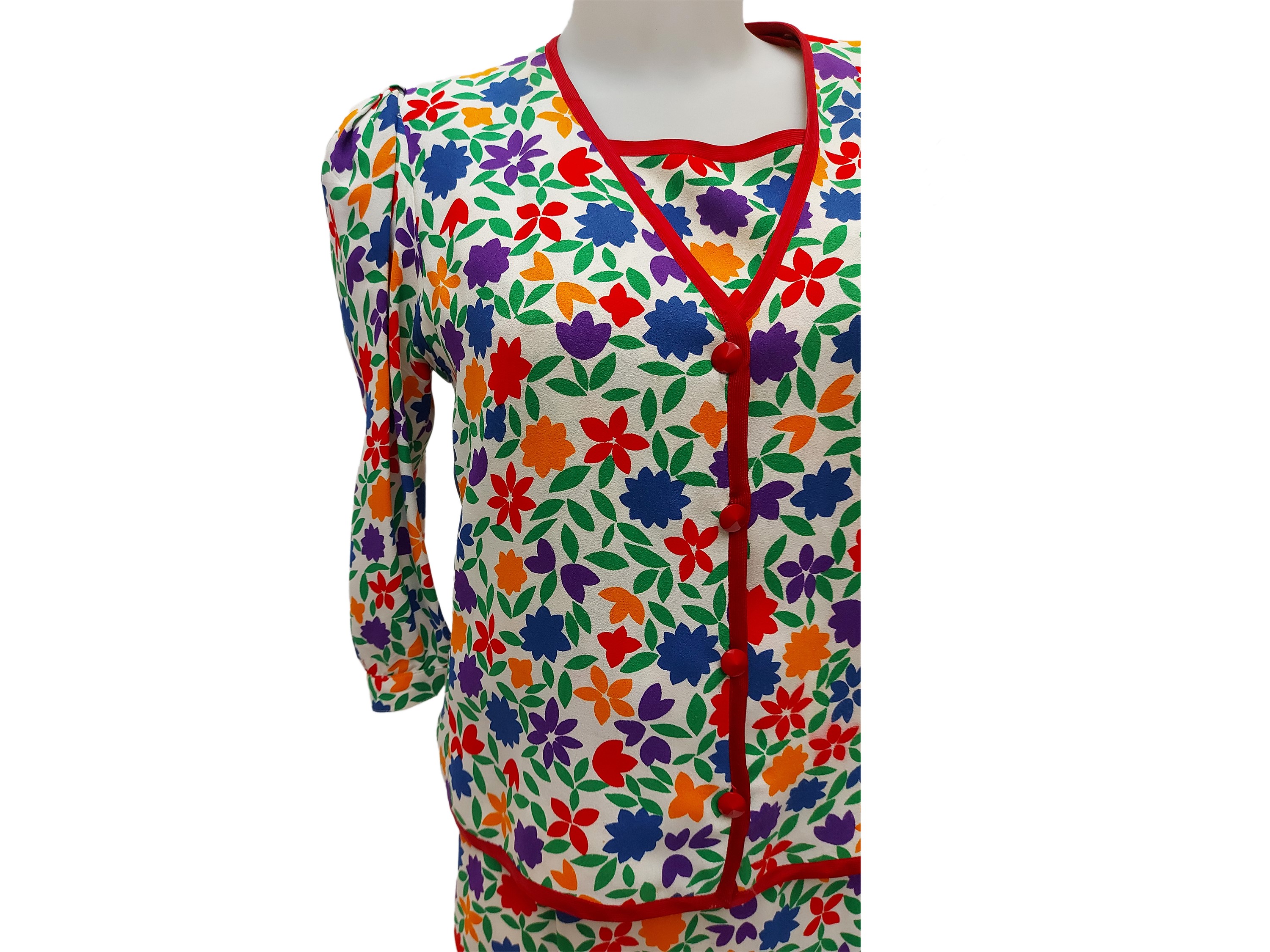 Saint Laurent rive gauche - Tailleur tre pezzi in crepe di seta a motivo floreale su fondo bianco