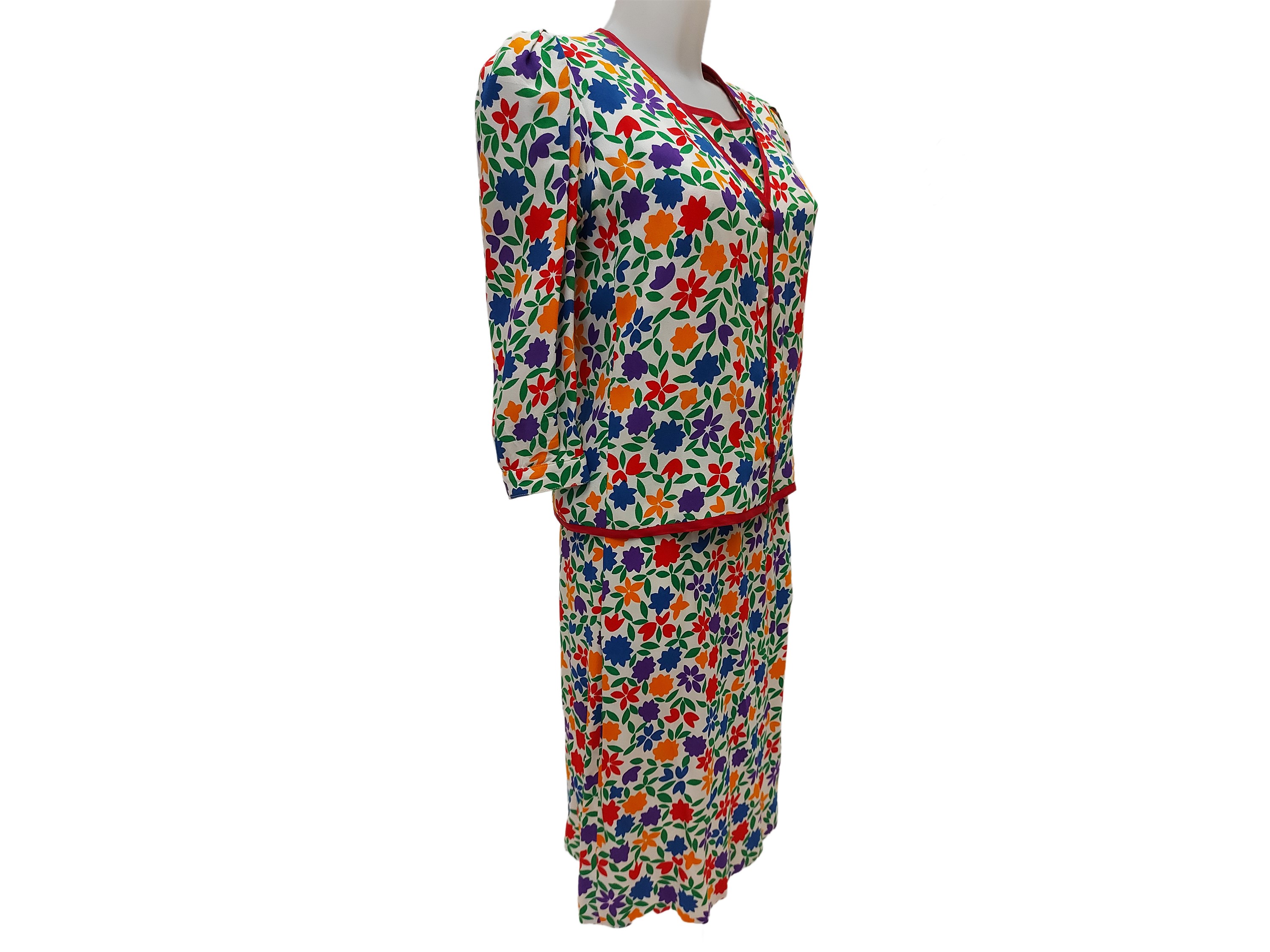 Saint Laurent rive gauche - Tailleur tre pezzi in crepe di seta a motivo floreale su fondo bianco