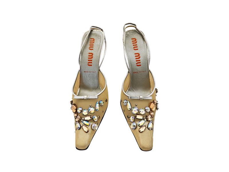 Miu Miu - Decolleté in pelle color argento e rete dorata con strass