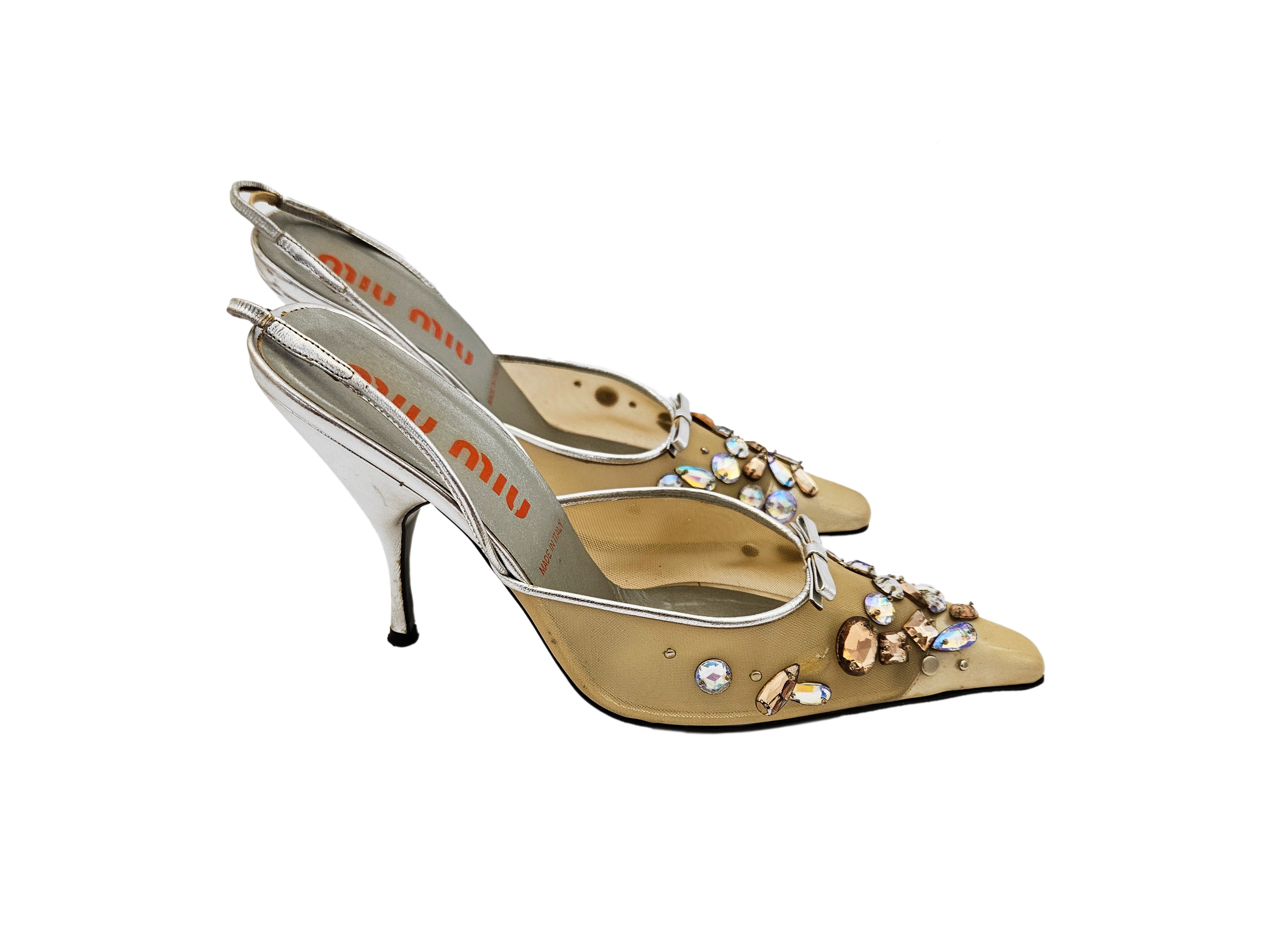 Miu Miu - Decolleté in pelle color argento e rete dorata con strass