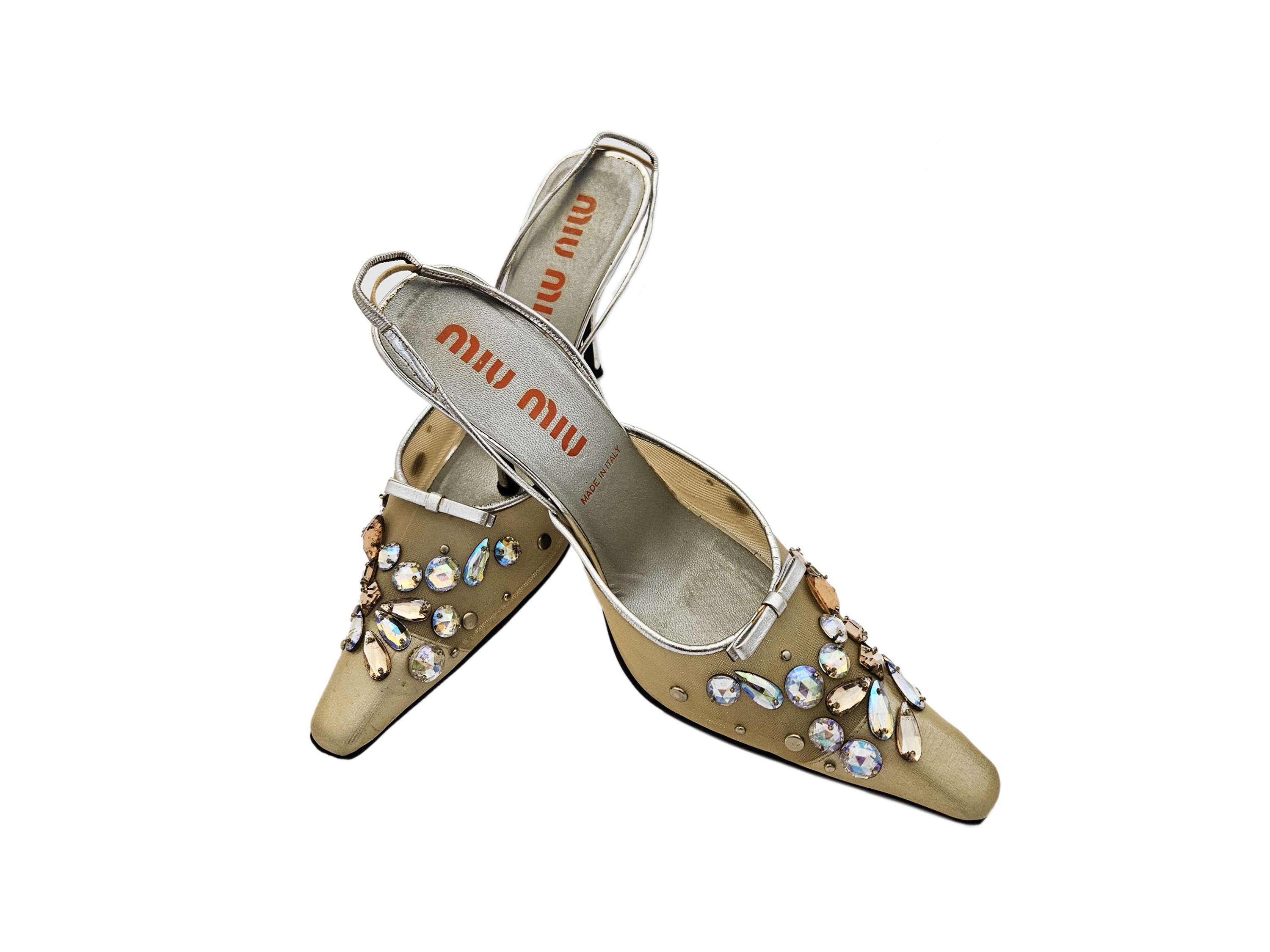 Miu Miu - Decolleté in pelle color argento e rete dorata con strass