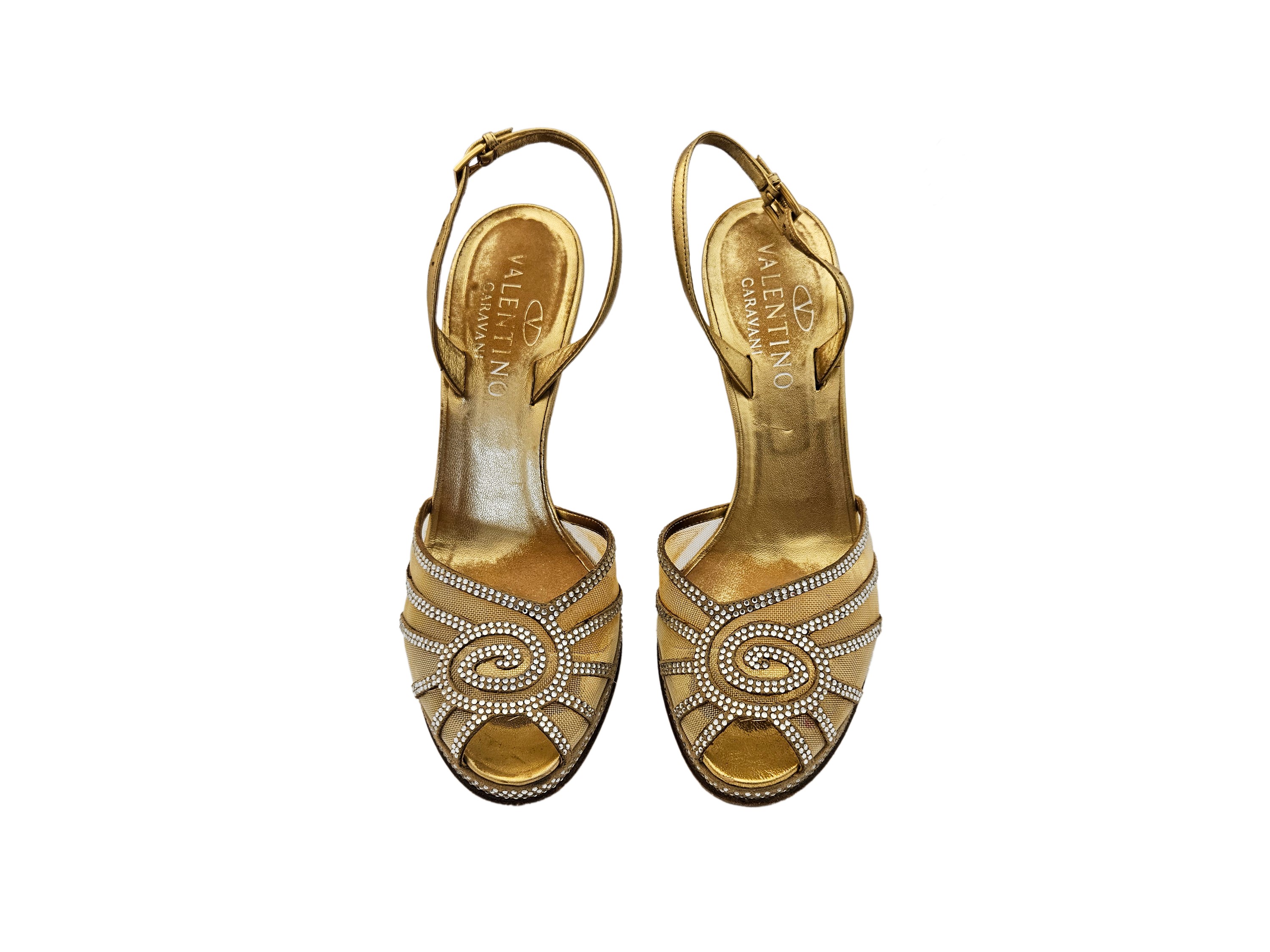 Valentino - Sandali in pelle e rete color oro con strass