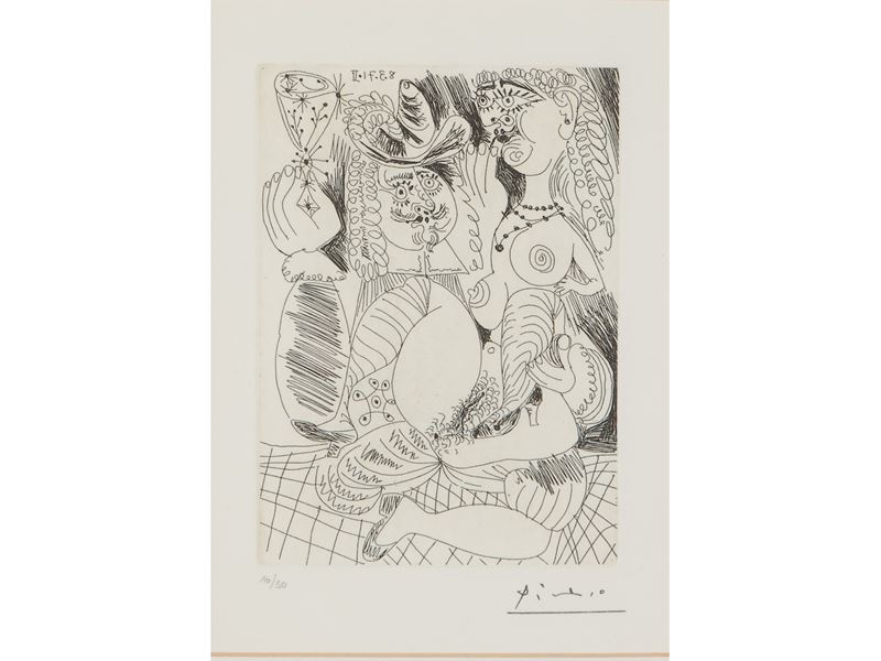 Pablo Picasso - Uomo che Tiene un Bicchiere in Compagnia di una Nuda Amante (1971)