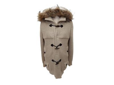 Salvatore Ferragamo - Cardigan in Lana Beige con Cappuccio Bordato in Pelliccia di Lupo
