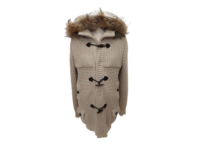 Salvatore Ferragamo - Cardigan in Lana Beige con Cappuccio Bordato in Pelliccia di Lupo