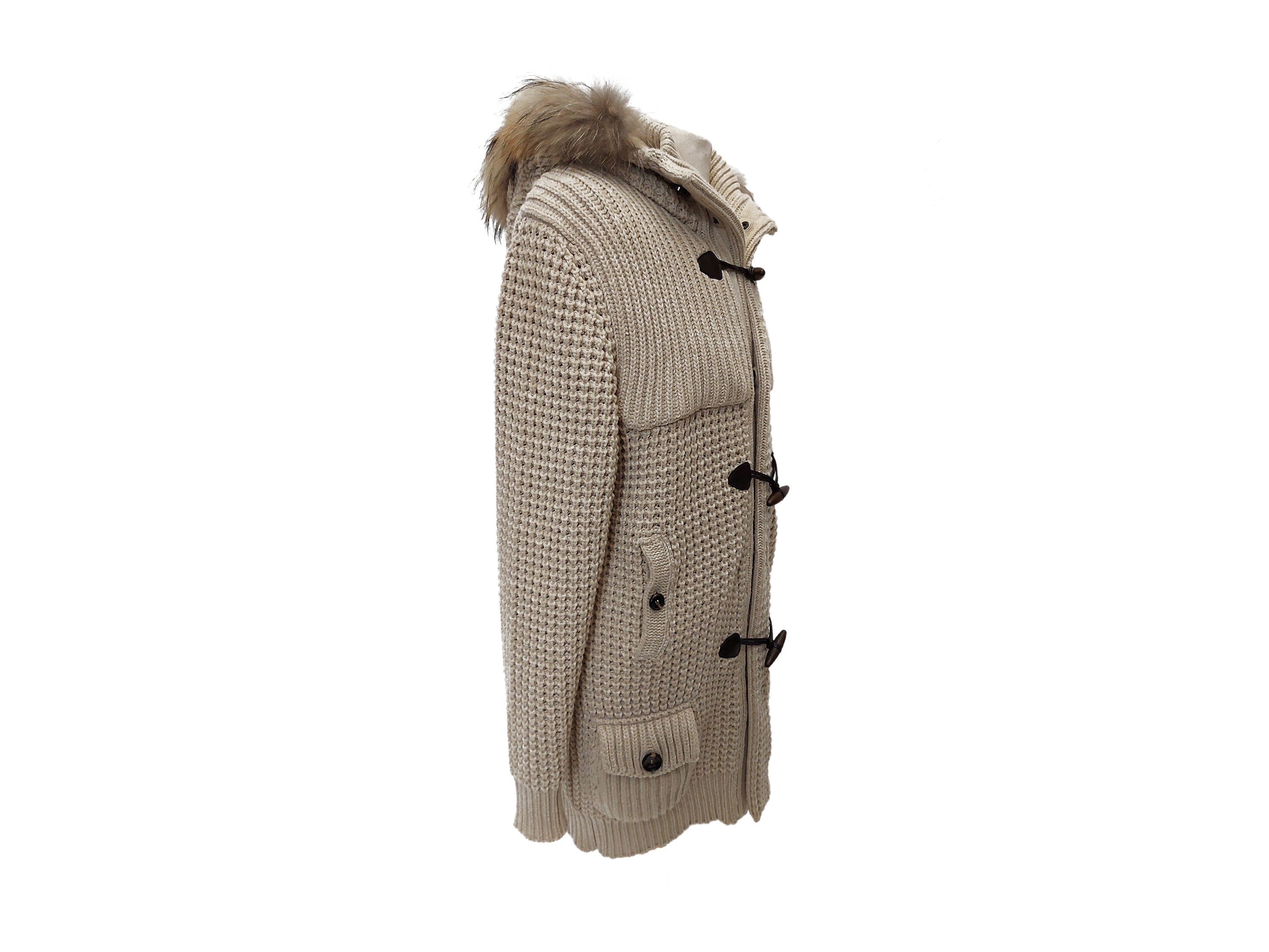 Salvatore Ferragamo - Cardigan in Lana Beige con Cappuccio Bordato in Pelliccia di Lupo