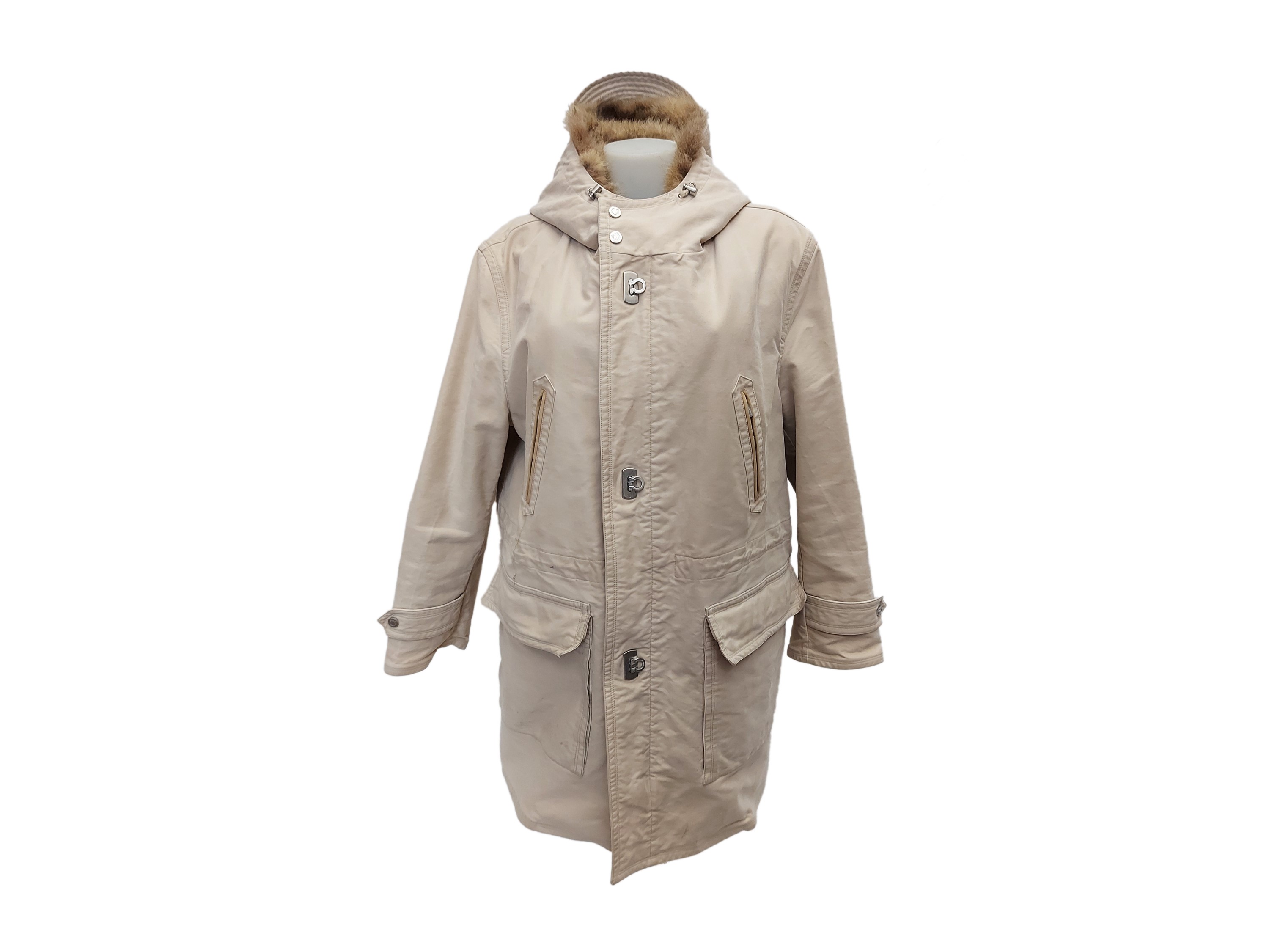 Salvatore Ferragamo - Parka Beige con Interno in Pelliccia di Lupo Rimovibile