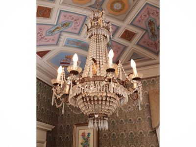 Grande Lampadario a Paniere in Vetro e Metallo Dorato