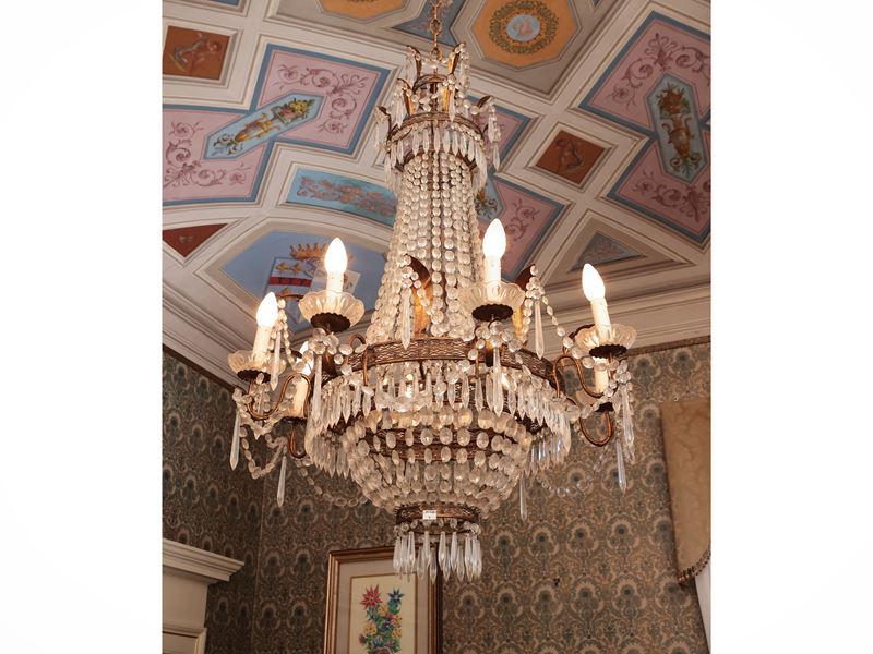 Grande Lampadario a Paniere in Vetro e Metallo Dorato