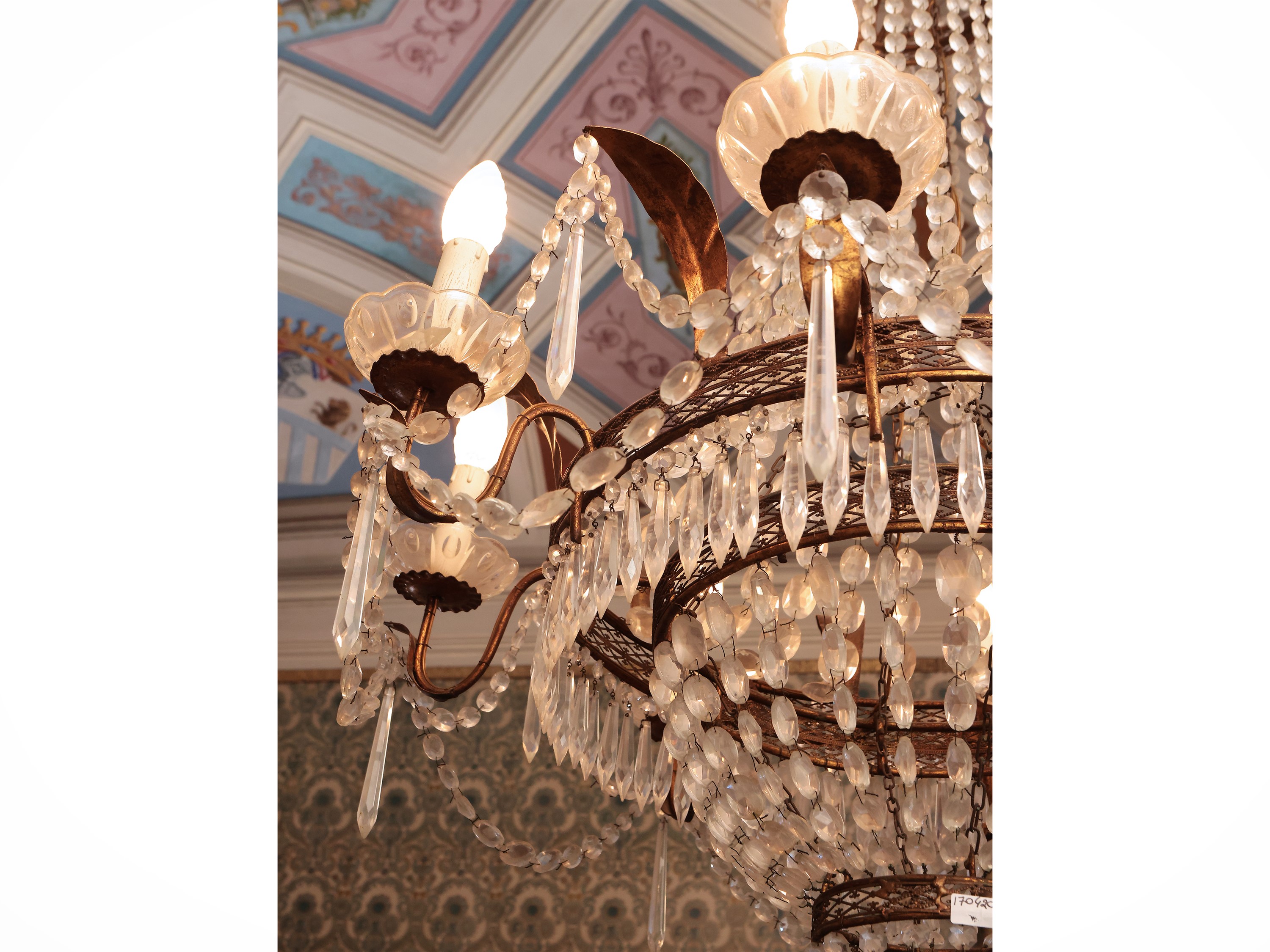 Grande Lampadario a Paniere in Vetro e Metallo Dorato