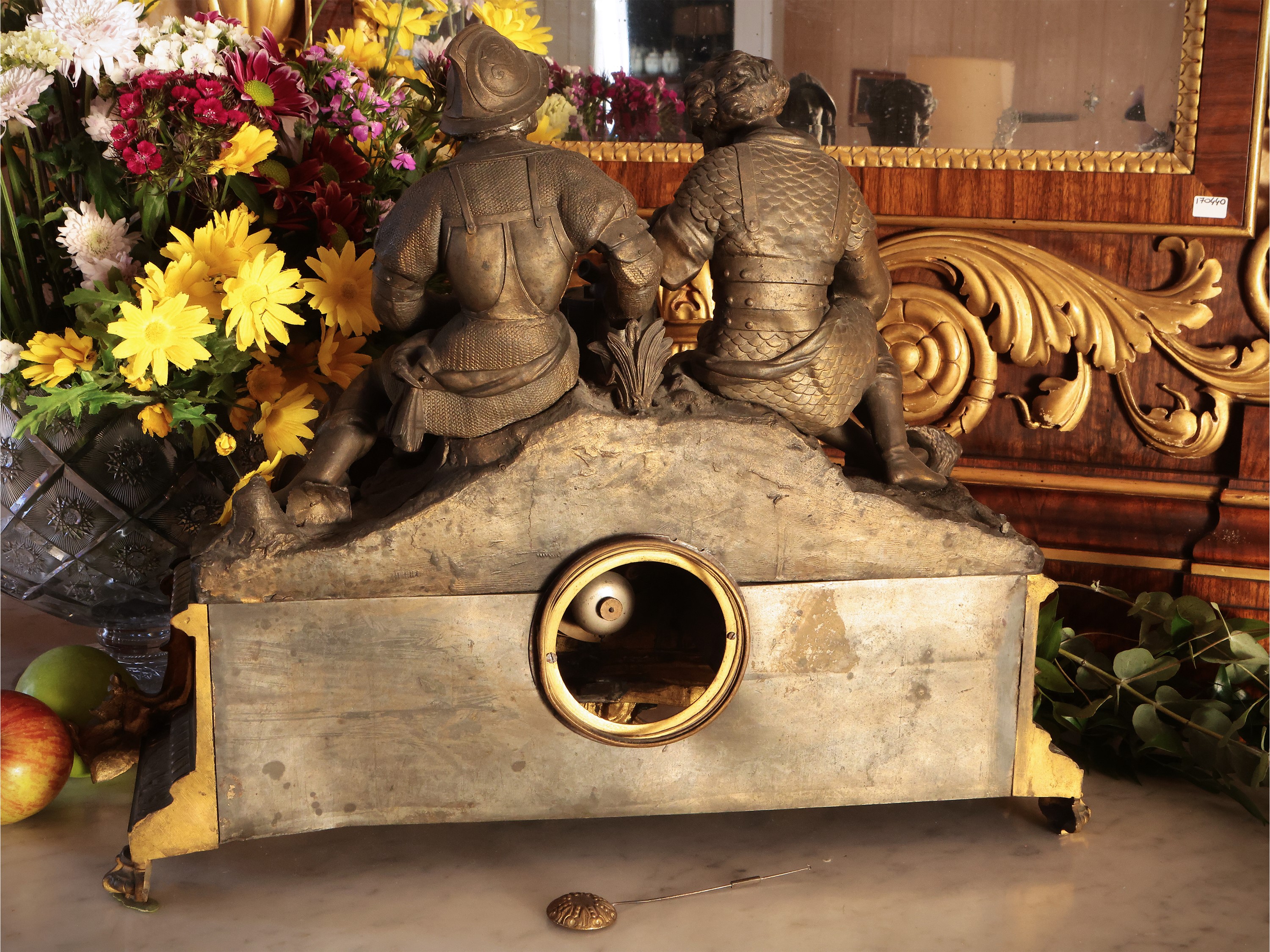 Monumentale Orologio da Camino in Antimonio Dorato e Patinato