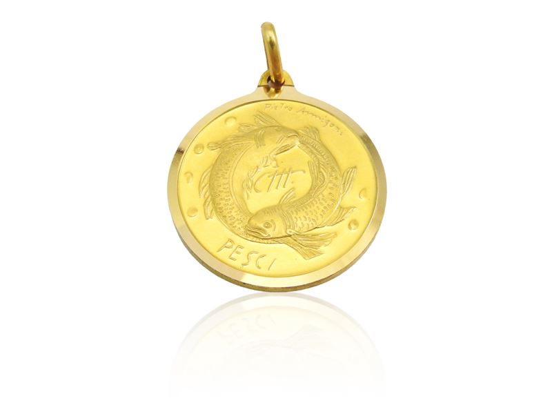 Medaglia pendente in oro giallo con segno zodiacale dei Pesci, Anni Settanta