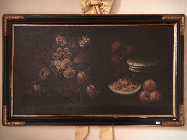 Scuola lombarda del XVII/XVIII secolo - Natura morta con fiori, anguria e pomi - Natura morta con fiori, zucca e uva