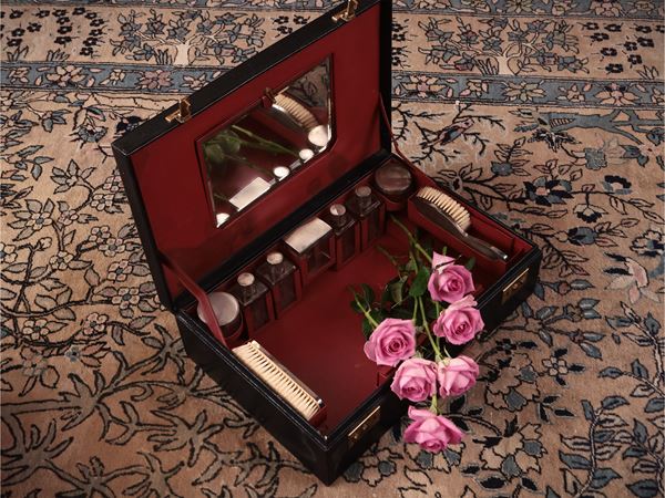 Valigetta necessaire da viaggio in pelle nera e argento, Janetti