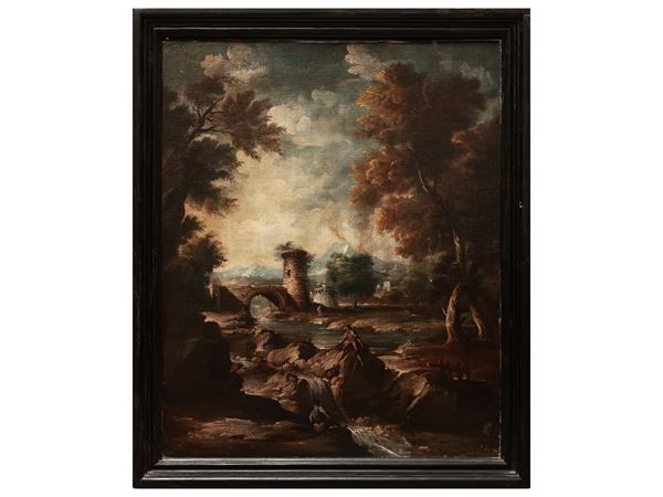 Cerchia di Scipione Cignaroli - Paesaggio fluviale con ponte e personaggi