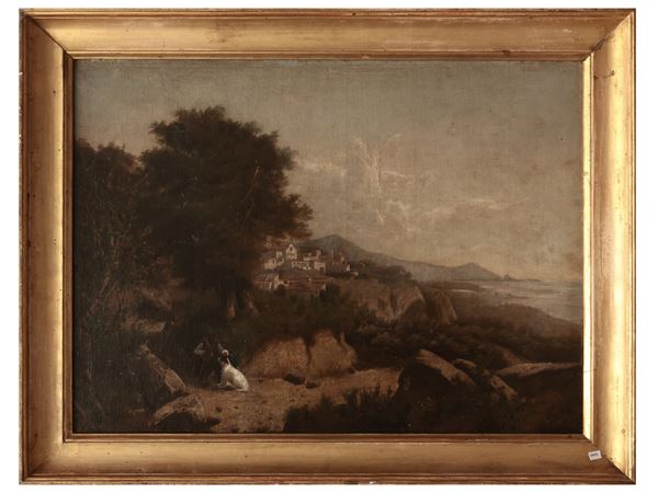 Scuola francese della fine del XIX secolo - Paesaggio marino con scorcio di città