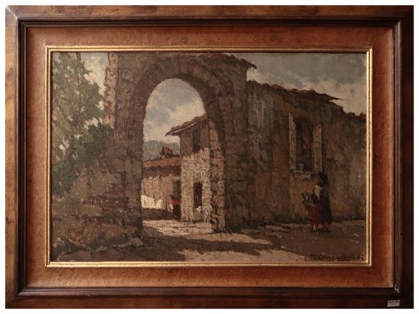 Giuseppe Comparini - Scorcio di paese con figure 1964