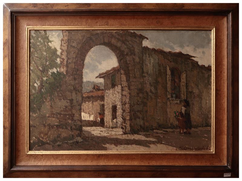 Scorcio di paese con figure 1964