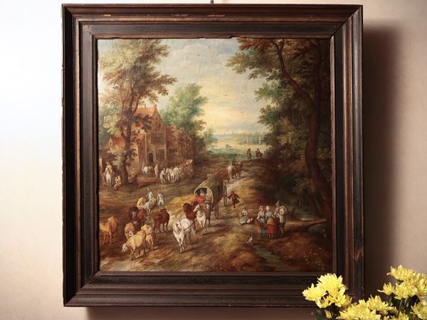 Da Pieter Bruegel il Giovane, XIX secolo - Carovana di carri entro paesaggio boschivo - Stazione di sosta con carri e viandanti