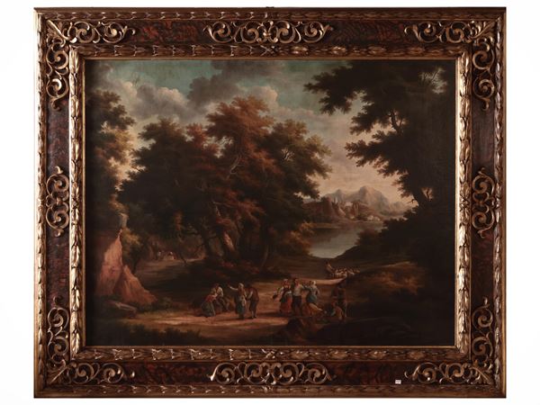 Scuola piemontese del XIX secolo - Scena di ballo campestre entro paesaggio boschivo con scorcio di castello